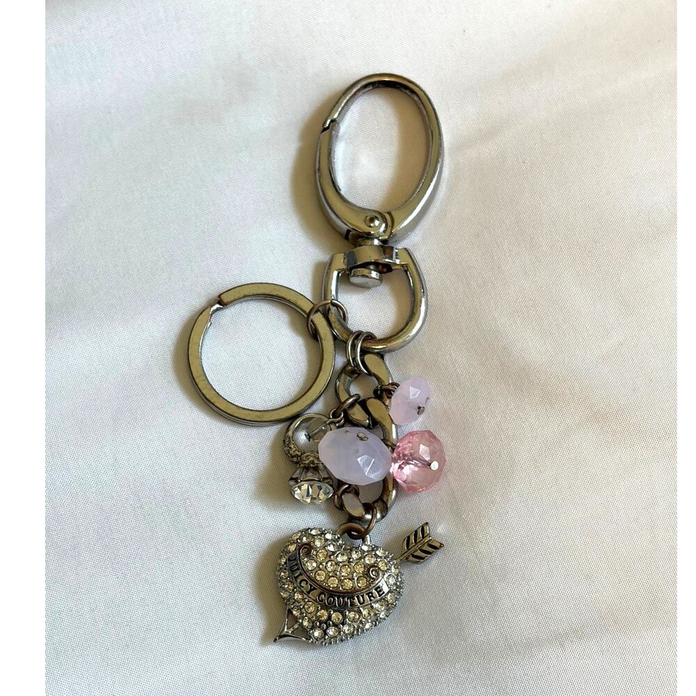 Juicy Couture Silver Tone Logo Heart Rhinestones Bag Key Chain Charm Vintage Y2K